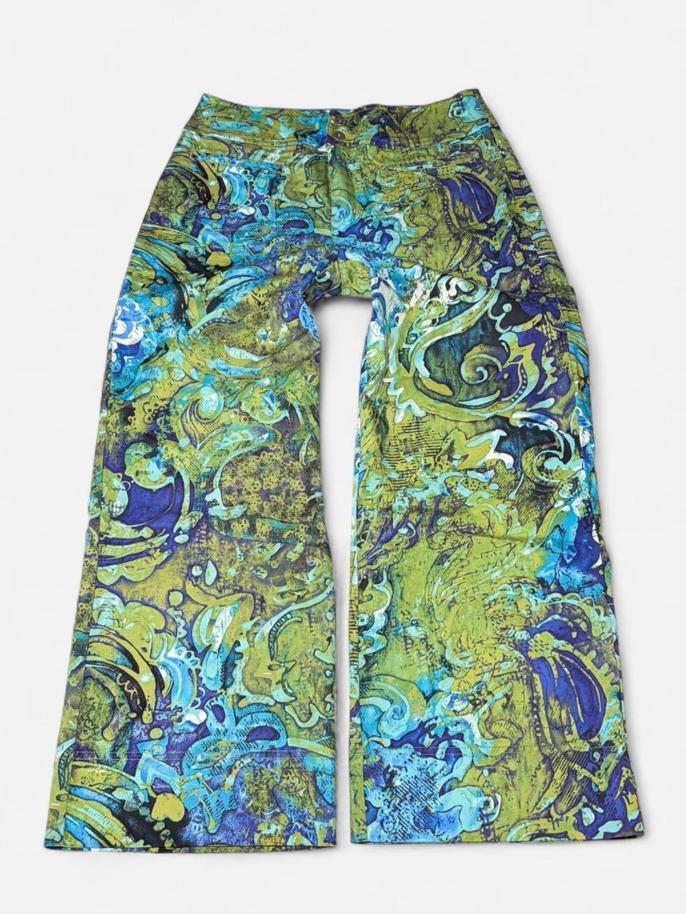 Women’s Green & Blue Abstract Print Wide Leg Capris